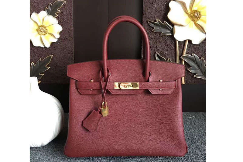 Replica Hermes Birkin 30 Tote Bags Original Togo Leather Handstitched Wine Gold Hardware