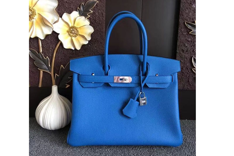 Replica Hermes Birkin 30 Tote Bags Original Togo Leather Handstitched Blue