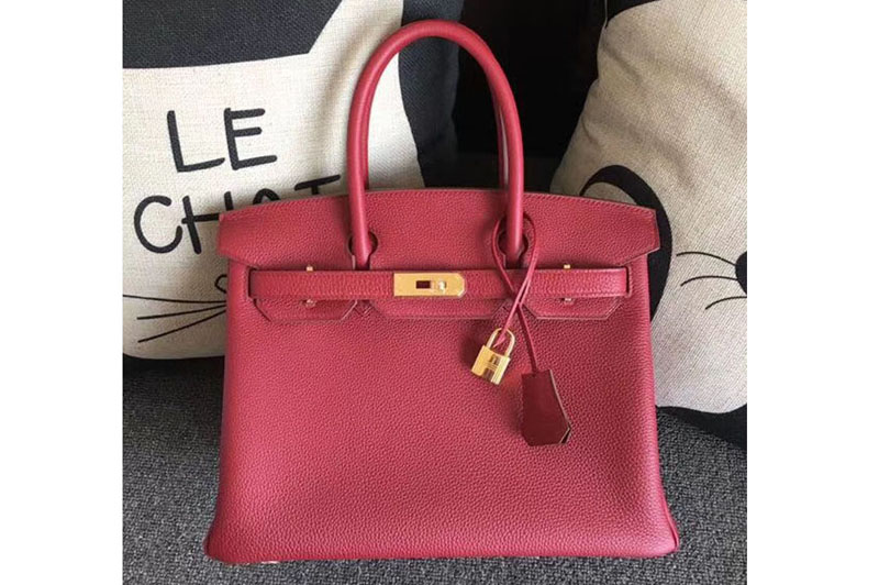 Replica Hermes Birkin 30 Tote Bags Original Togo Leather Handstitched Ruby Red