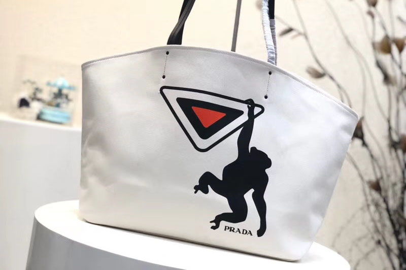 Replica Prada 1BG218 Monkey Printed Canvas Tote Bags White