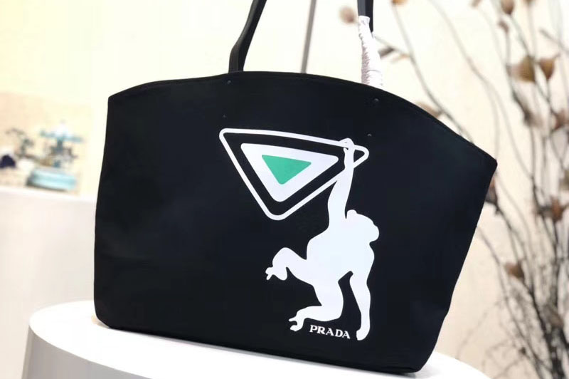 Replica Prada 1BG218 Monkey Printed Canvas Tote Bags Black