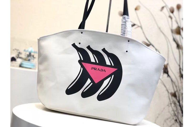 Replica Prada 1BG218 Bananas Printed Canvas Tote Bags White