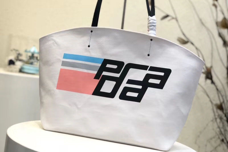 Replica Prada 1BG218 Prada Logo Printed Canvas Tote Bags White