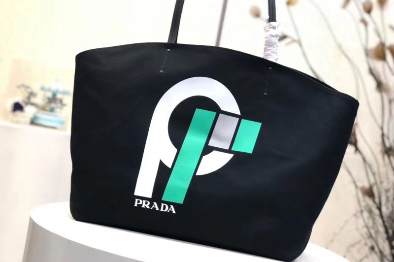 Replica Prada 1BG218 Flag Printed Canvas Tote Bags Black