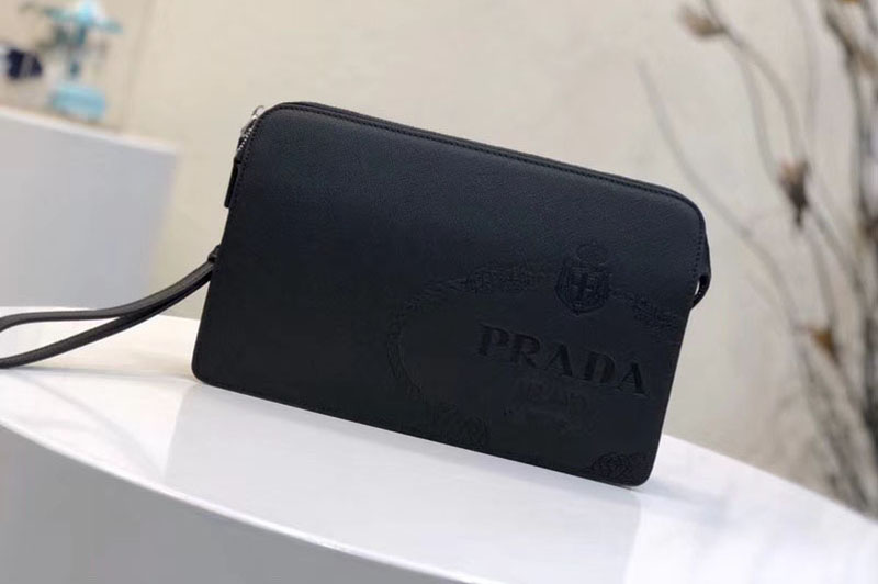 Replica Prada 2VF056 Saffiano Leather Clutch With Black Logo Print Black