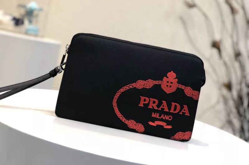 Replica Prada 2VF056 Saffiano Leather Clutch With Red Logo Print Black