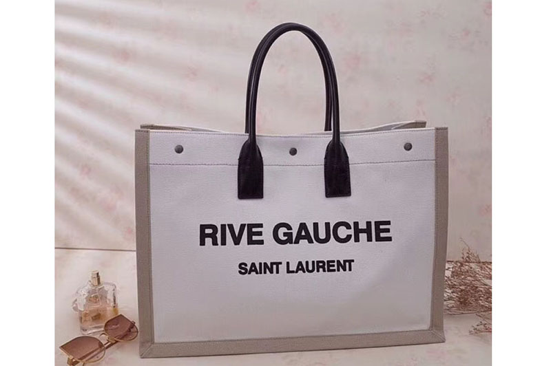 Replica Saint Laurent Rive Gauche Tote Bag In White And Brown Linen 499290