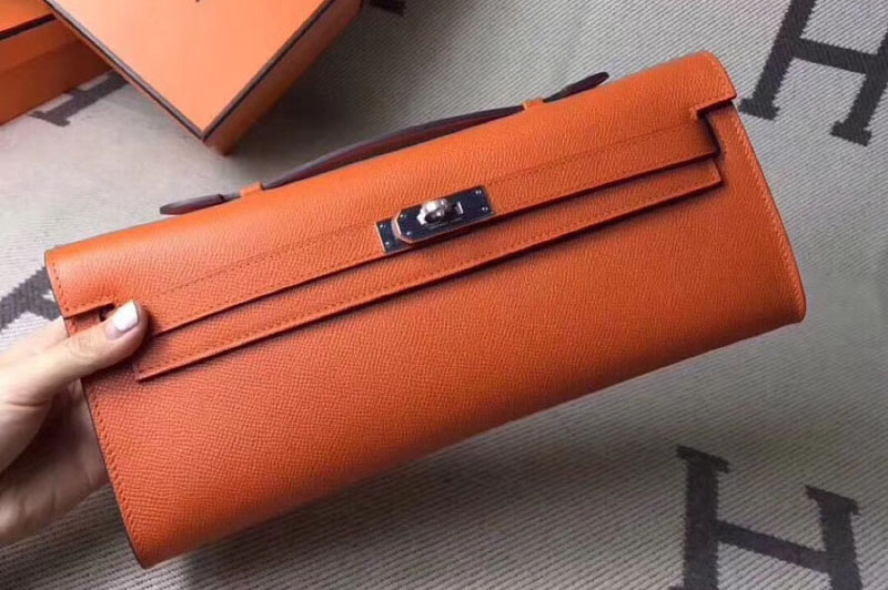 Replica Hermes Kelly Cut 31cm Epsom Leather Clutch Handmade Orange