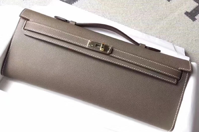 Replica Hermes Kelly Cut 31cm Epsom Leather Clutch Handmade Elephant Gray