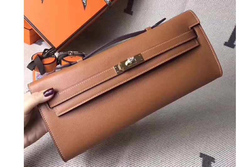 Replica Hermes Kelly Cut 31cm Swift Leather Clutch Handmade Brown