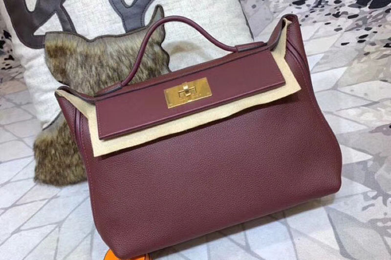 Replica Hermes Kellyw 24cm Original Togo Leather Bags Handmade Bordeaux