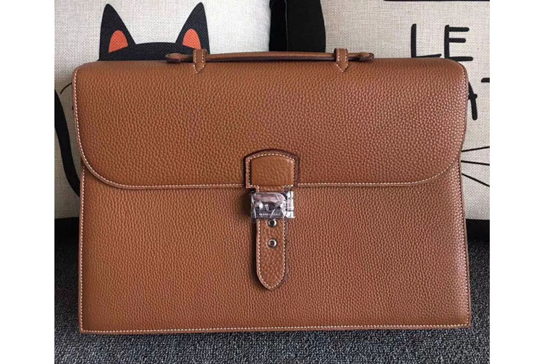 Replica Mens Hermes 38cm Original Togo Leather Briefcases Bags Tan