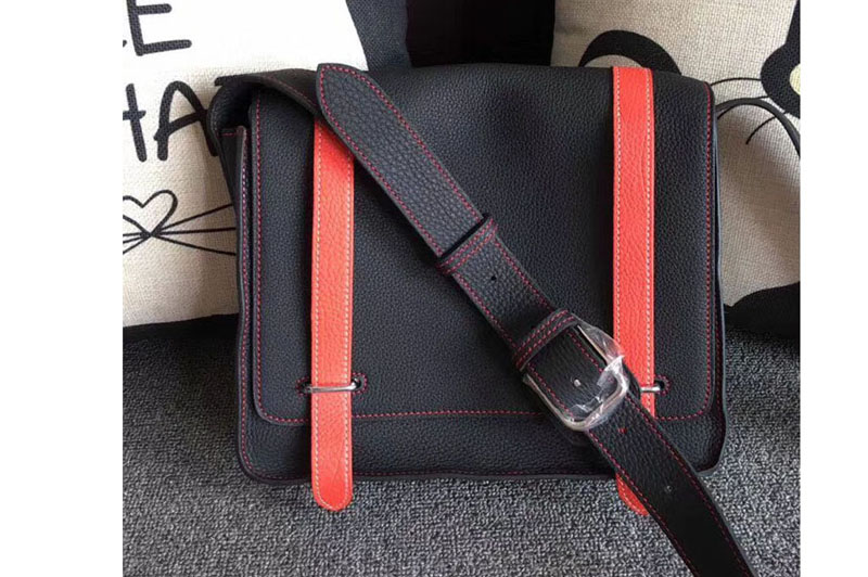 Mens Hermes Steve 28mm Messenger Bags Original Togo Leather Black And Red