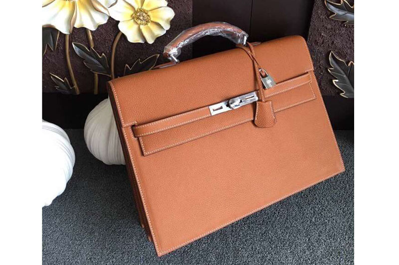 Replica Hermes Kelly Depeche 37mm Briefcase Bags Original Togo Leather Brown