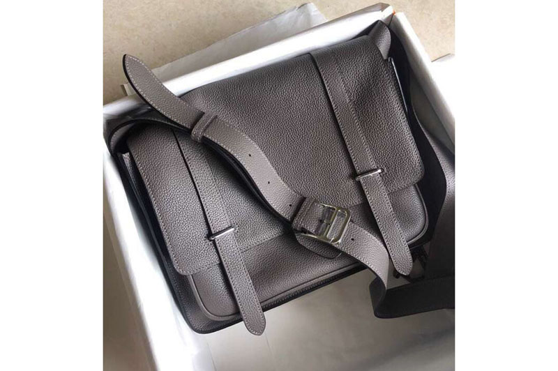 Replica Mens Hermes Steve 32cm Messenger Bags Original Togo Leather Grey