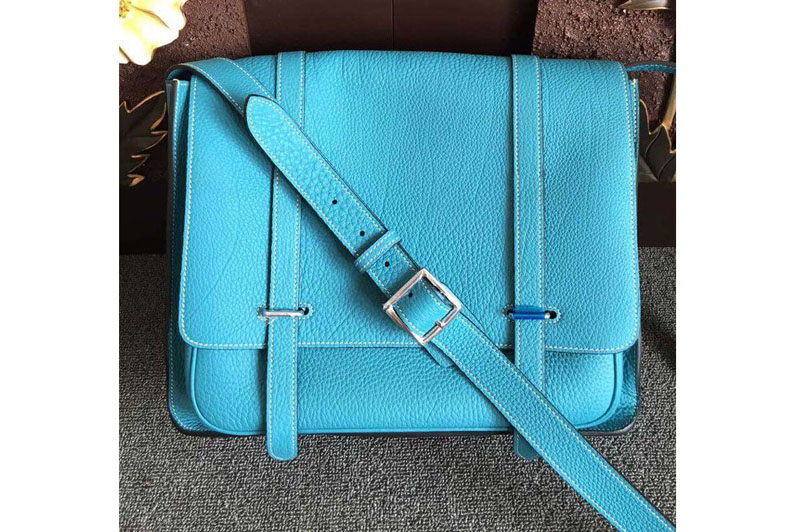 Replica Mens Hermes Steve 32cm Messenger Bags Original Togo Leather Light Blue