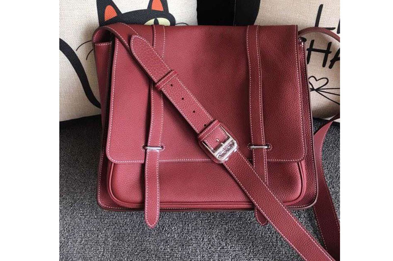 Replica Mens Hermes Steve 32cm Messenger Bags Original Togo Leather Wine