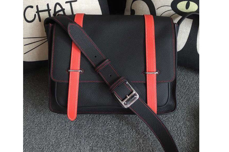 Replica Mens Hermes Steve 32cm Messenger Bags Original Togo Leather Black And Red