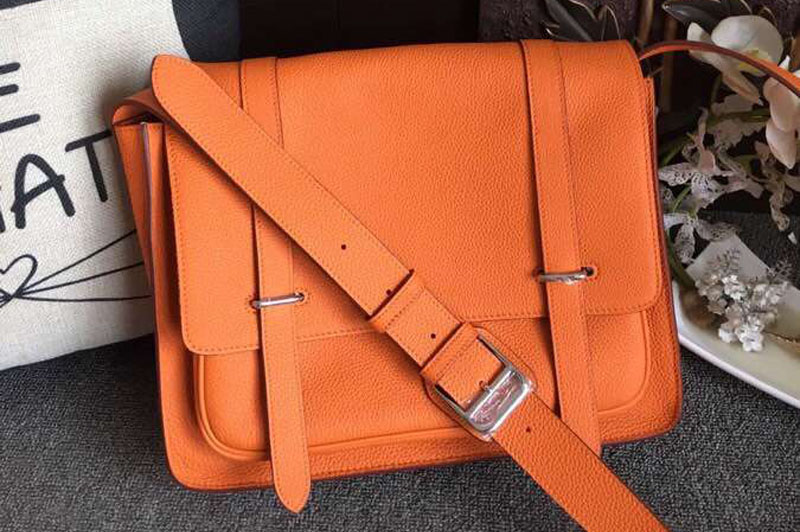 Replica Mens Hermes Steve 32cm Messenger Bags Original Togo Leather Orange