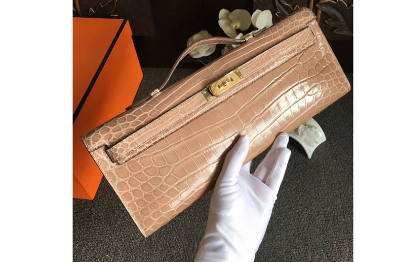 Replica Hermes Kelly Cut31CM Real Crocodile Leather Cluth Bags Handmade Apricot