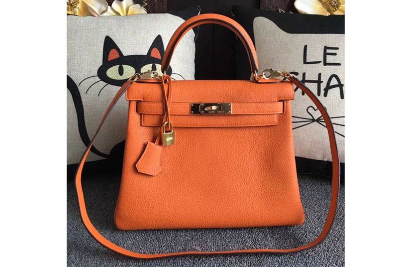 Replica Hermes Kelly 28 Tote Bags Original Togo Leather Full Handstitched Orange