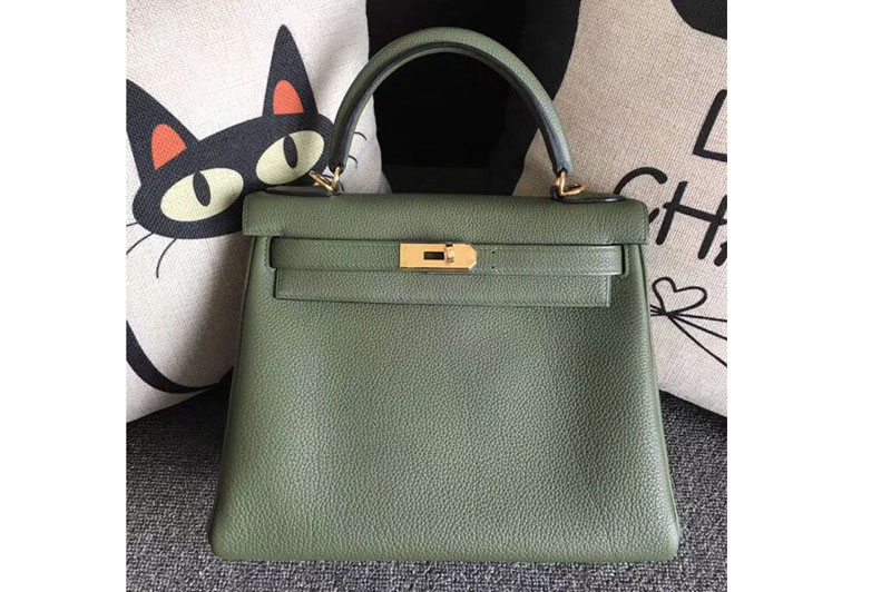 Replica Hermes Kelly 28 Tote Bags Original Togo Leather Handstitched Green