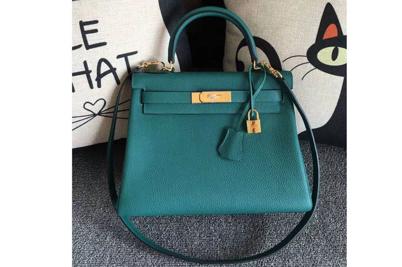 Replica Hermes Kelly 28 Tote Bags Original Togo Leather Handstitched Malachite Green