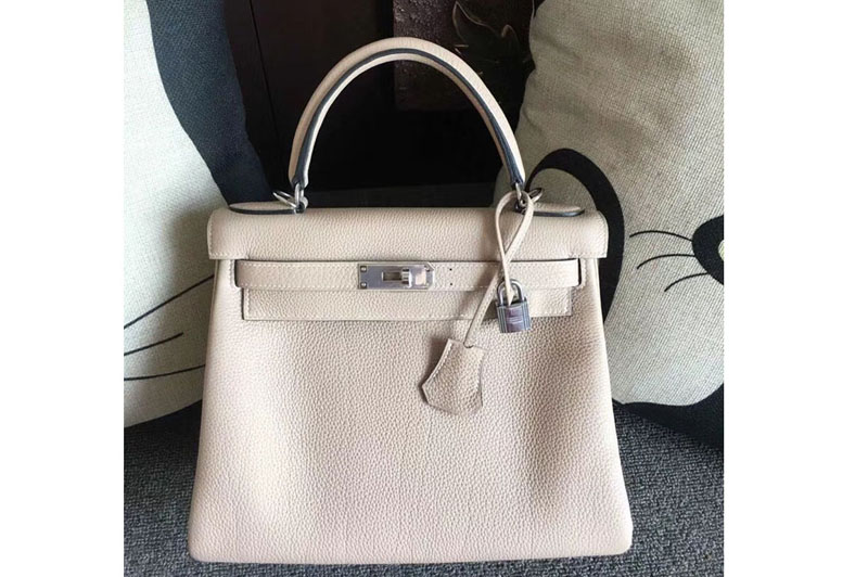 Replica Hermes Kelly 28 Tote Bags Original Togo Leather Handstitched Light Gray