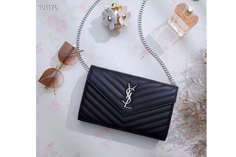 Replica YSL 377828 Saint Laurent Chain Wallet Black Matelasse Leather Silver Hardware