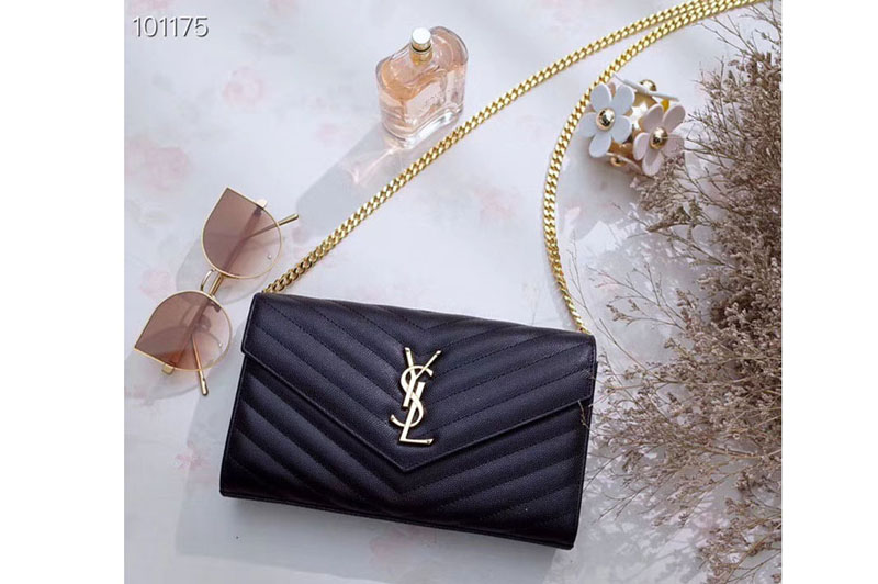 Replica YSL 377828 Saint Laurent Chain Wallet Black Matelasse Leather Gold Hardware