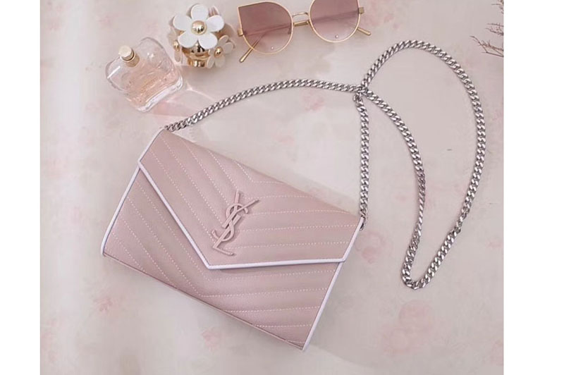 Replica YSL 377828 Saint Laurent Chain Wallet Pink Matelasse Leather