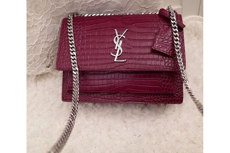 Replica YSL 442906 Saint Laurent Medium Sunset Monogram Bag Wine Crocodile Leather