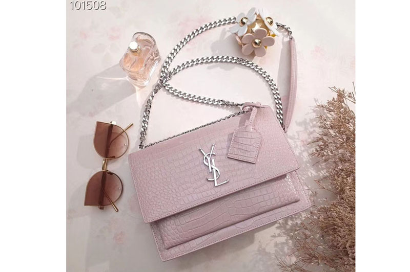 Replica YSL 442906 Saint Laurent Medium Sunset Monogram Bag Pink Crocodile Leather